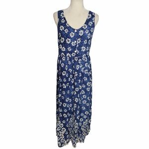 VINTAGE 90s dress blue‎ Hawaiian floral sleeveless maxi S